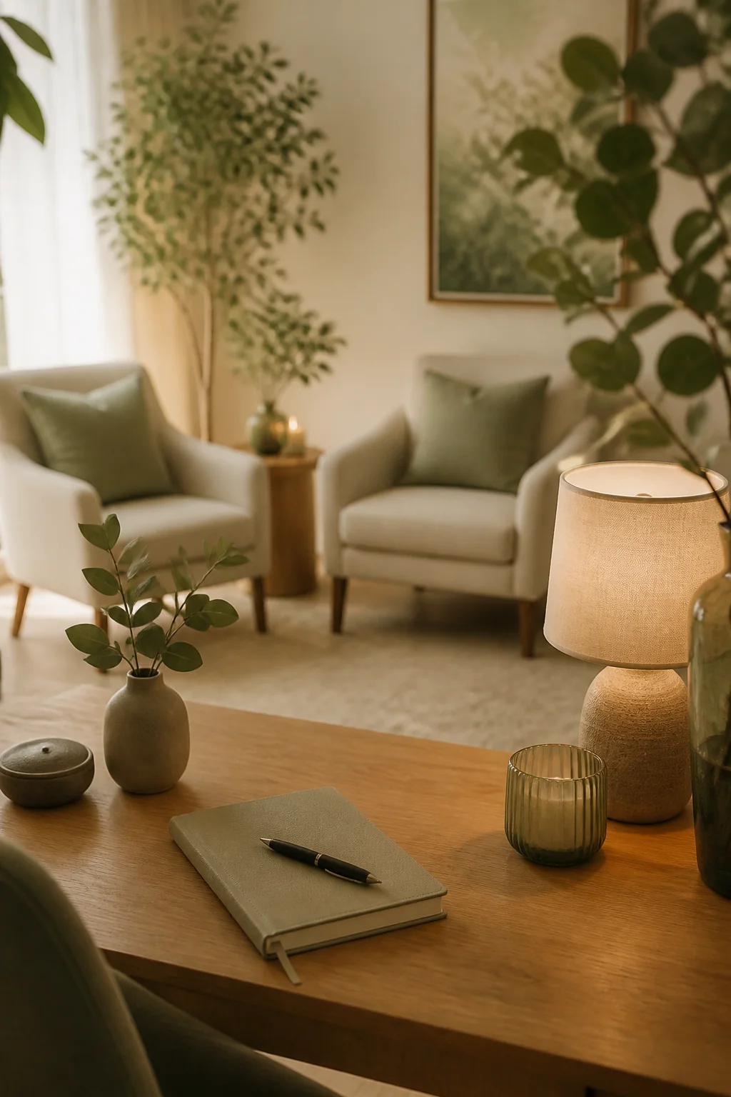 A warm therapy room detail with a notebook, lamp and greenery
